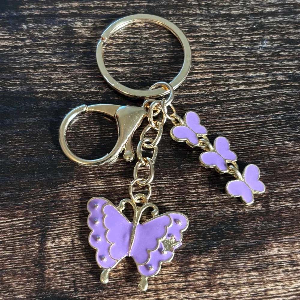 Purple Butterfly Enamel Keychain Gold Tone Bag Charm Lobster Clasp Accessory
